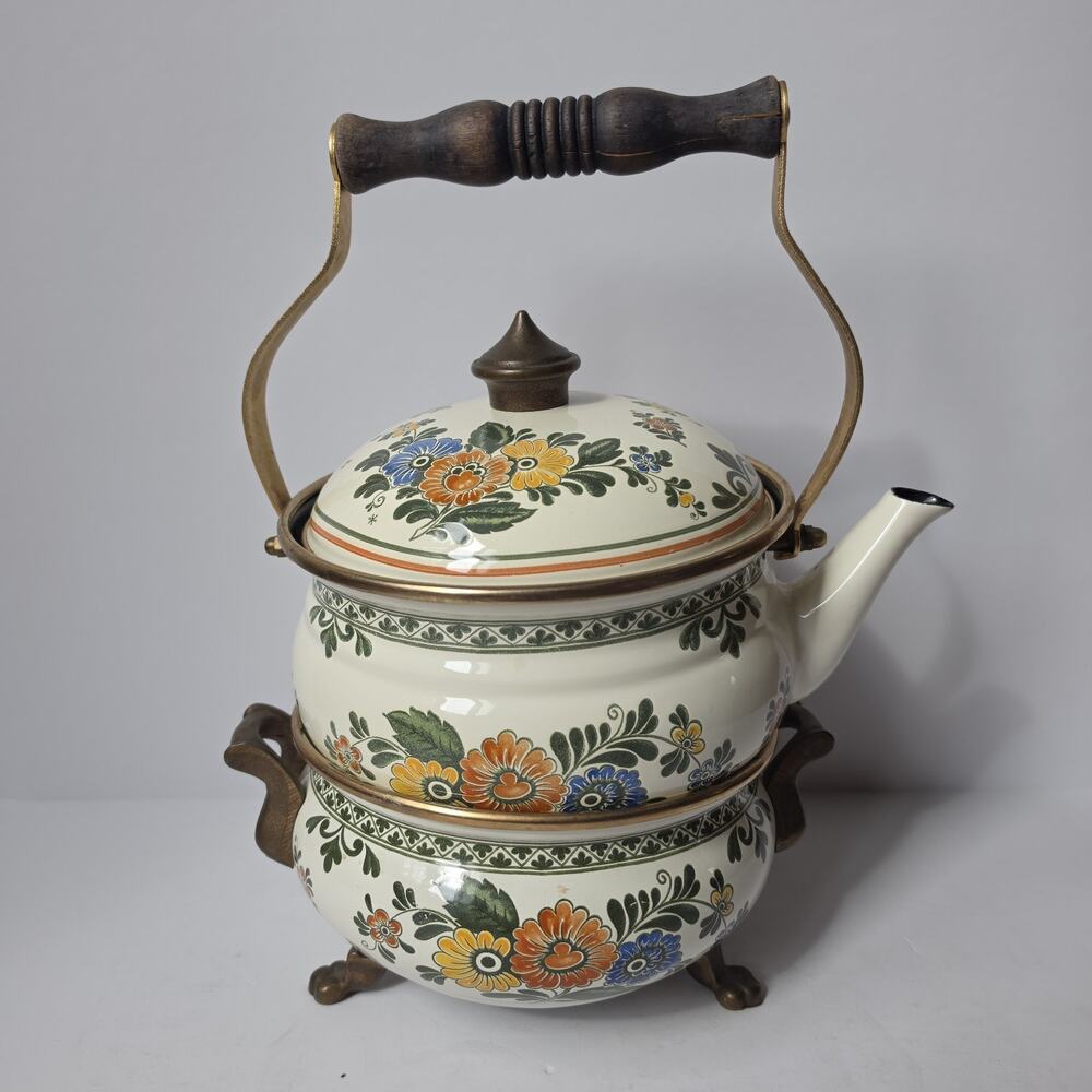 Vintage ASTA Germany Enamel Tea Kettle With Warmer Stand Floral Mid Century